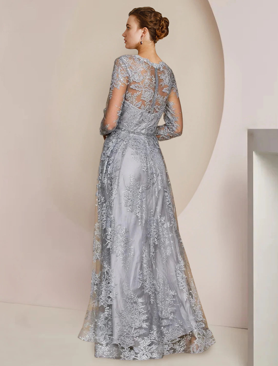 Wholesale  A-Line Mother of the Bride Dress Formal Wedding Guest Elegant V Neck Floor Length Tea Length Lace Long Sleeve with Appliques Crystal Brooch